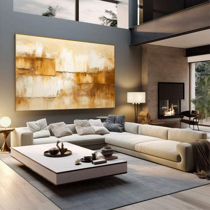 Quadro Decorativo Serenidade Abstrata | quadros decorativos | Composição abstrata em tons dourado e bege com texturas em camadas fluidas e blocos geométricos. | em Quadros para Escritorio | Porao dos Quadros