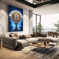 Quadro Decorativo Bitcoin Brilhante | quadros decorativos | Bitcoin em chamas azuis e dourado com aura luminosa em composição dinâmica | em Quadros para Escritorio | Porao dos Quadros