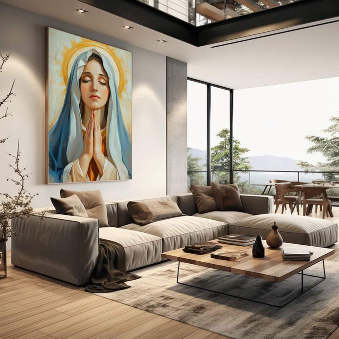Quadro Decorativo Virgem Maria Serenidade e Fé | quadros decorativos | Mulher em oração com véu azul, halo dourado, expressão serena e luz celestial em composição realista. | em Quadros para Escritorio | Porao dos Quadros