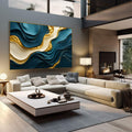 Quadro Decorativo Azul Abstrato Elegante | quadros decorativos | Ondas abstratas em azul profundo e dourado fluindo em composição dinâmica | em Quadros para Escritorio | Porao dos Quadros