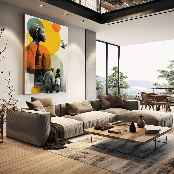 Quadro Decorativo Elegância com Força e Esperança | quadros decorativos | Silhuetas humanas sobrepostas a círculos geométricos laranja, amarelo, verde e azul com pássaro em voo. | em Quadros para Escritorio | Porao dos Quadros