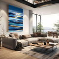 Mar abstrato em faixas onduladas azuis, turquesa e douradas com horizonte iluminado, quadro decorativo