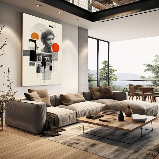 Quadro Decorativo Minimalista Enigmático Moderno | quadros decorativos | Colagem abstrata com círculos vermelho e laranja sobre fundo preto, branco e cinza com sobreposição de retratos | em Quadros para Escritorio | Porao dos Quadros