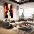 Quadro Decorativo Diálogo dos Sentidos | quadros decorativos | Quatro perfis de rostos em laranja, azul, rosa e amarelo com composição geométrica abstrata | em Quadros para Escritorio | Porao dos Quadros