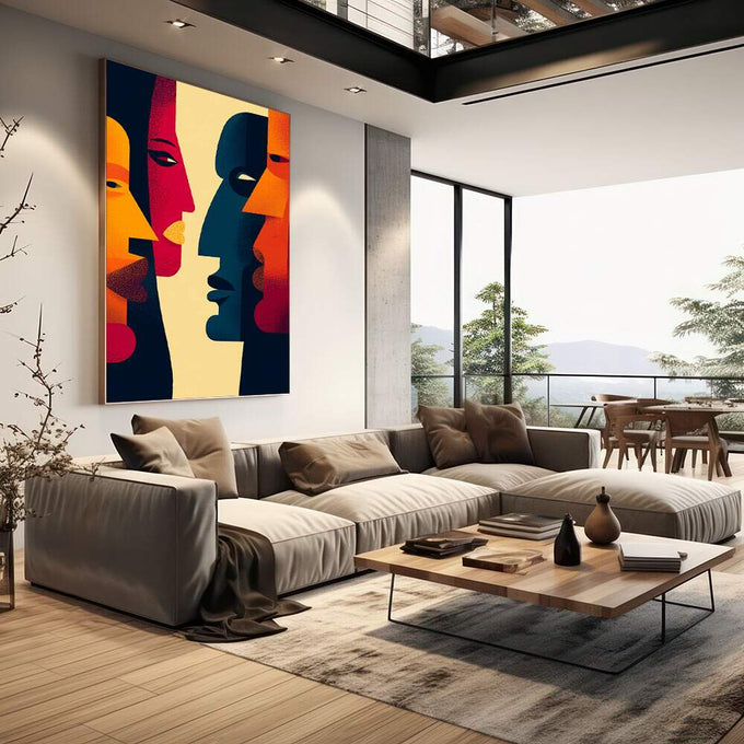 Quadro Decorativo Diálogo dos Sentidos | quadros decorativos | Quatro perfis de rostos em laranja, azul, rosa e amarelo com composição geométrica abstrata | em Quadros para Escritorio | Porao dos Quadros
