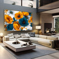 Flores grandes laranja, azul petróleo e brancas com folhas sobre fundo claro, quadro decorativo