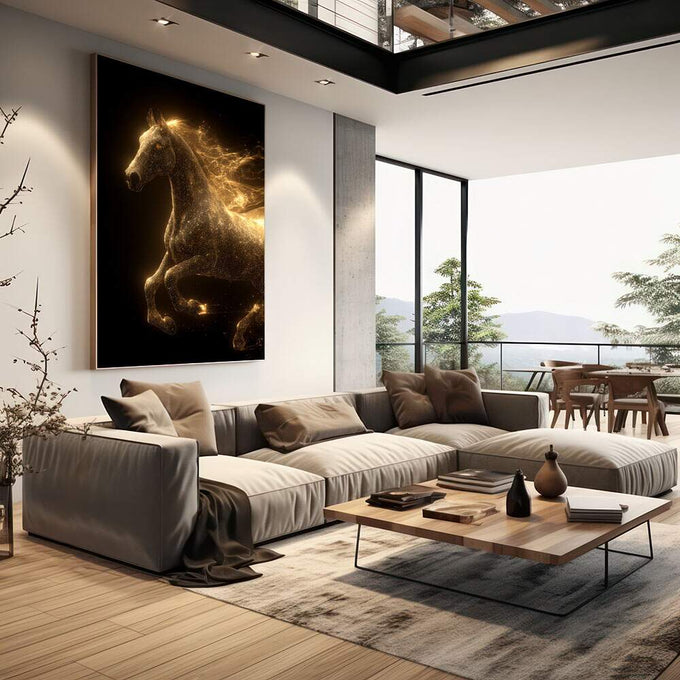 Quadro Decorativo Cavalo Dourado Etéreo | quadros decorativos | Cavalo majestoso em preto e dourado com efeito de luz luminosa e partículas flutuantes em composição artística. | em Quadros para Escritorio | Porao dos Quadros