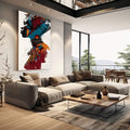 Quadro Decorativo Silhueta Feminina Vibrante | quadros decorativos | Perfil feminino em dupla exposição com arquitetura urbana em tons azul, vermelho e laranja. | em Quadros para Escritorio | Porao dos Quadros
