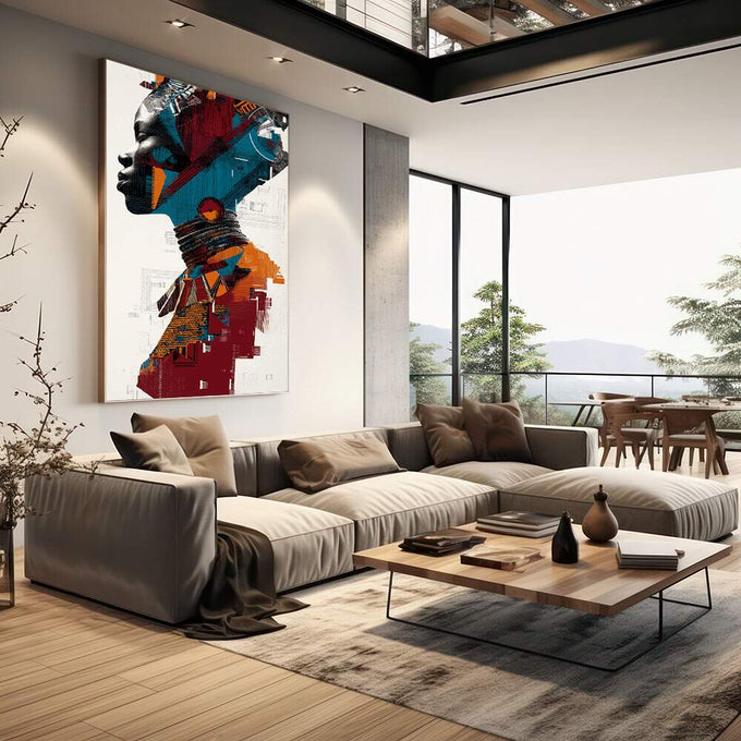 Quadro Decorativo Silhueta Feminina Vibrante | quadros decorativos | Perfil feminino em dupla exposição com arquitetura urbana em tons azul, vermelho e laranja. | em Quadros para Escritorio | Porao dos Quadros