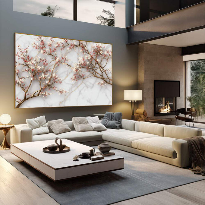 Quadro Decorativo - Elegância Floral em Mármore | quadros decorativos | Ramos de cerejeira em flor rosa e branca sobre fundo de mármore em tons bege e cinza | em Quadros para Escritorio | Porao dos Quadros