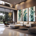 Quadro Decorativo Trio de Folhas Abstratas para Inspiração e Estilo | quadros decorativos | Três telas com folhas de ginkgo biloba em aquarela verde-água e dourado sobre fundo amadeirado com respingos. | em Quadros para Escritorio | Porao dos Quadros