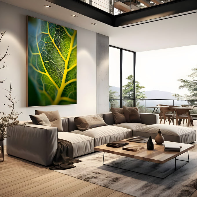 Macro de folha verde com nervuras amarelas iluminadas e textura detalhada, quadro decorativo