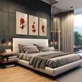 Quadro Decorativo Geométrico Vibrante | quadros decorativos | Três painéis com círculos vermelhos, formas pretas e linhas geométricas em composição abstrata equilibrada. | em Quadros para Escritorio | Porao dos Quadros