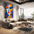 Quadro Decorativo Essência Feminina Moderna | quadros decorativos | Rosto cubista em azul, laranja e amarelo com formas geométricas abstratas vibrantes | em Quadros para Escritorio | Porao dos Quadros