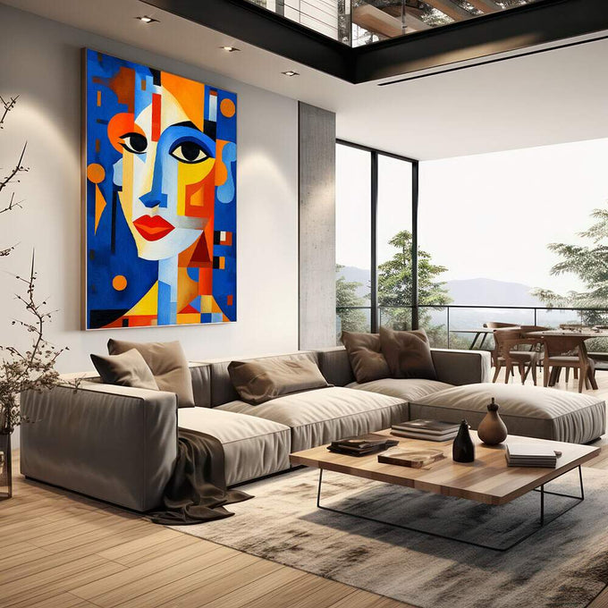 Quadro Decorativo Essência Feminina Moderna | quadros decorativos | Rosto cubista em azul, laranja e amarelo com formas geométricas abstratas vibrantes | em Quadros para Escritorio | Porao dos Quadros