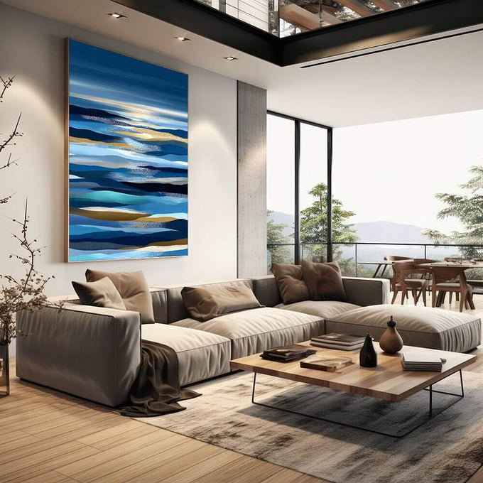 Quadro Decorativo Abstrato Serenidade Azul | quadros decorativos | Paisagem abstrata marinha com camadas horizontais em azul, branco e dourado brilhante | em Quadros para Escritorio | Porao dos Quadros