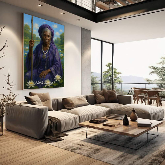 Quadro Decorativo Orixá Nanã: Sabedoria Ancestral | quadros decorativos | Mulher africana em roxo com lótus brancos, água ao fundo, olhar dignidade. | em Quadros para Escritorio | Porao dos Quadros