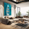 Quadro Decorativo Canoa Serene Moderna | quadros decorativos | Barco azul e branco flutuando em águas turquesas vistas de cima com sombra e detalhes de cordas laranja. | em Quadros para Escritorio | Porao dos Quadros