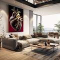 Quadro Decorativo Elegante Coração da Paixão | quadros decorativos | Coração anatômico em dourado com detalhes precisos sobre fundo vinho profundo | em Quadros para Escritorio | Porao dos Quadros