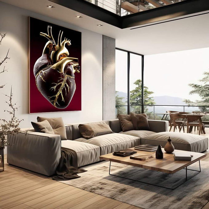 Quadro Decorativo Elegante Coração da Paixão | quadros decorativos | Coração anatômico em dourado com detalhes precisos sobre fundo vinho profundo | em Quadros para Escritorio | Porao dos Quadros