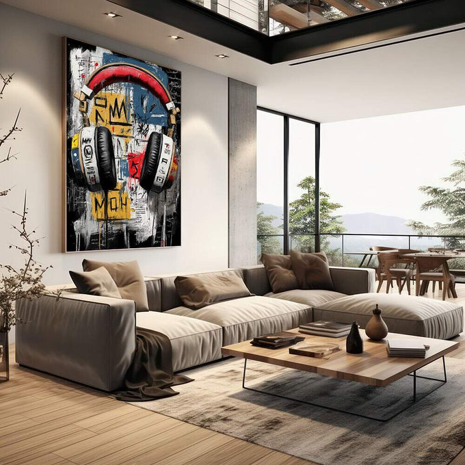 Quadro Decorativo Fones Urbanos Vibrantes | quadros decorativos | Fones de ouvido street art em preto, vermelho, azul e amarelo com grafismos urbanos. | em Quadros para Escritorio | Porao dos Quadros