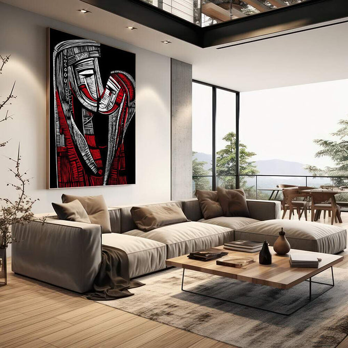 Quadro Decorativo Abraço Emocional Minimalista | quadros decorativos | Sapatos em preto, branco e vermelho com traços expressionistas em composição dinâmica. | em Quadros para Escritorio | Porao dos Quadros