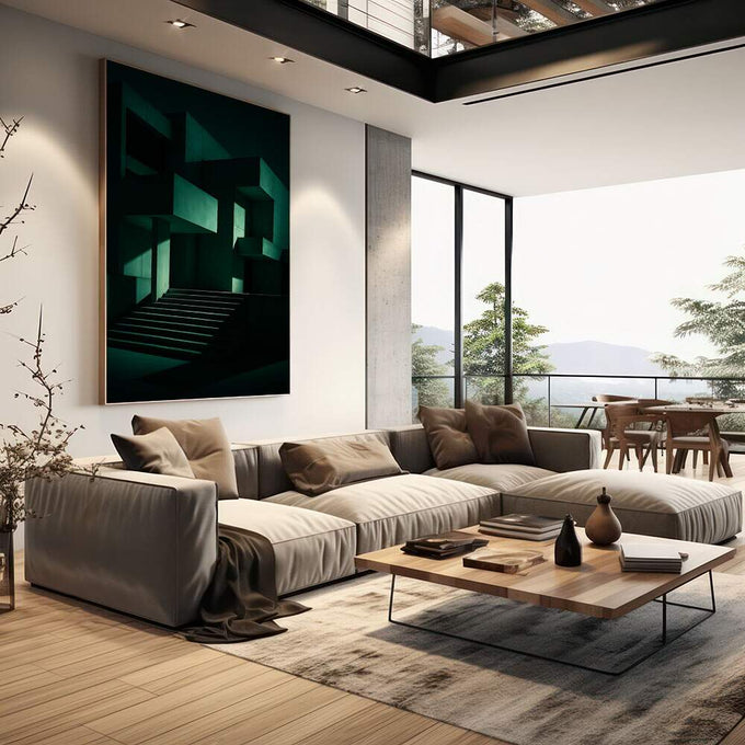 Quadro Decorativo Abstrato de Tons Verdejantes | quadros decorativos | Composição arquitetônica moderna com planos geométricos em verde-água e preto, criando profundidade e perspectiva infinita | em Quadros para Escritorio | Porao dos Quadros