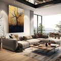 Árvore seca de tronco preto com raízes sobre fundo dourado craquelado, quadro decorativo