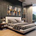 Quadro Decorativo Abstrato Azul e Dourado | quadros decorativos | Composição abstrata com blocos de dourado, azul e cinza em movimento vertical dinâmico | em Quadros para Escritorio | Porao dos Quadros