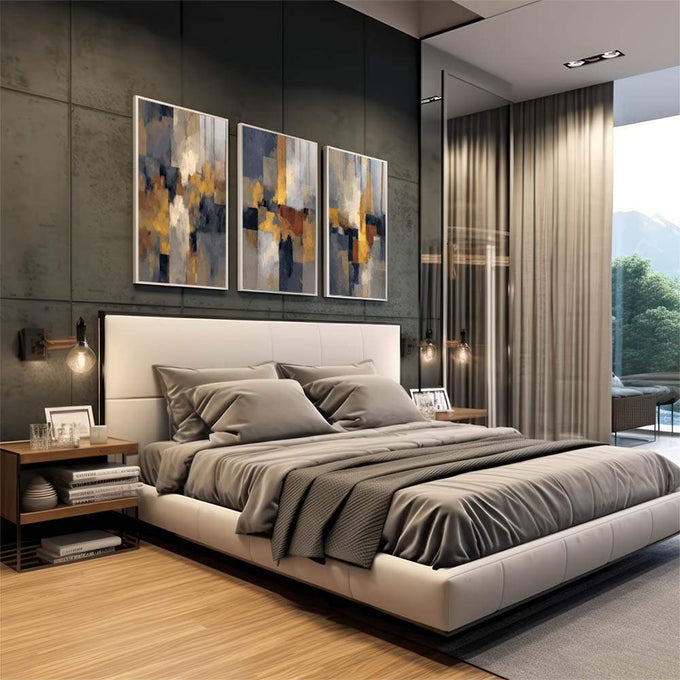 Quadro Decorativo Abstrato Azul e Dourado | quadros decorativos | Composição abstrata com blocos de dourado, azul e cinza em movimento vertical dinâmico | em Quadros para Escritorio | Porao dos Quadros