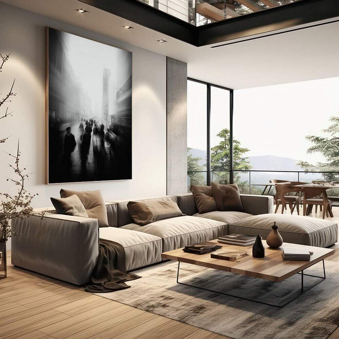 Quadro Decorativo Urbanidade em Preto e Branco | quadros decorativos | Cena urbana em preto e branco com pedestres em rua nebulosa e edifícios ao fundo | em Quadros para Escritorio | Porao dos Quadros