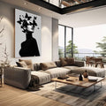 Quadro Decorativo Minimalista com Borboletas | quadros decorativos | Silhueta feminina em preto com borboletas em voo sobre a cabeça em composição vertical. | em Quadros para Escritorio | Porao dos Quadros