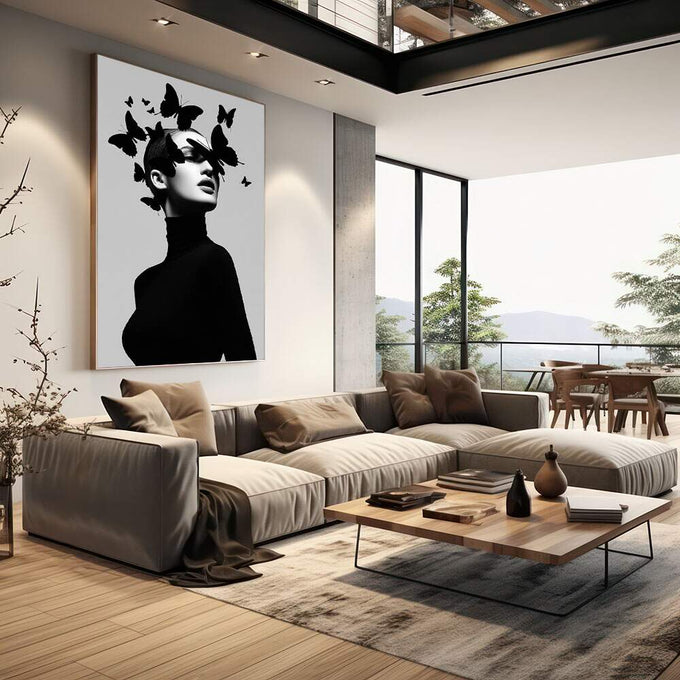 Quadro Decorativo Minimalista com Borboletas | quadros decorativos | Silhueta feminina em preto com borboletas em voo sobre a cabeça em composição vertical. | em Quadros para Escritorio | Porao dos Quadros