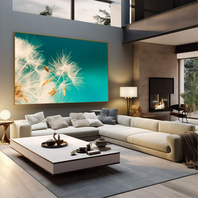 Quadro Decorativo Dente-de-Leão Serene | quadros decorativos | Dente-de-leão em fundo turquesa vibrante com luz dourada iluminando pétalas delicadas | em Quadros para Escritorio | Porao dos Quadros
