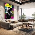 Quadro Decorativo Boêmio da Força | quadros decorativos | Touro em preto e branco com padrões geométricos amarelos, azuis e rosa neon em estilo pop art | em Quadros para Escritorio | Porao dos Quadros