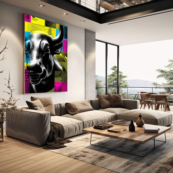 Quadro Decorativo Boêmio da Força | quadros decorativos | Touro em preto e branco com padrões geométricos amarelos, azuis e rosa neon em estilo pop art | em Quadros para Escritorio | Porao dos Quadros