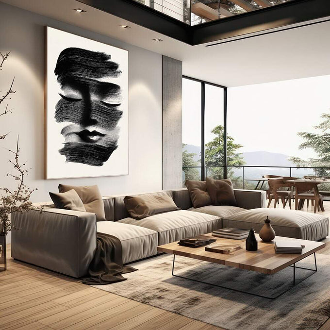Quadro Decorativo Minimalista Preto e Branco | quadros decorativos | Rosto abstrato em traços pretos expressivos sobre fundo branco luminoso com composição gestual. | em Quadros para Escritorio | Porao dos Quadros