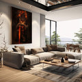 Quadro Decorativo Ajoelhado do Cavaleiro | quadros decorativos | Leão guerreiro com olhos flamejantes em dourado, portando espada vermelha incandescente e armadura detalhada. | em Quadros para Escritorio | Porao dos Quadros