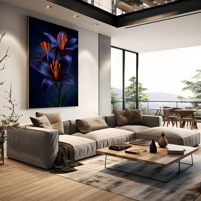 Lírios azuis com estames laranja e gotas de orvalho em fundo escuro, quadro decorativo