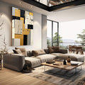 Quadro Decorativo Minimalista Dourado e Preto | quadros decorativos | Composição geométrica com blocos fragmentados em dourado, preto e bege com moldura dourada | em Quadros para Escritorio | Porao dos Quadros