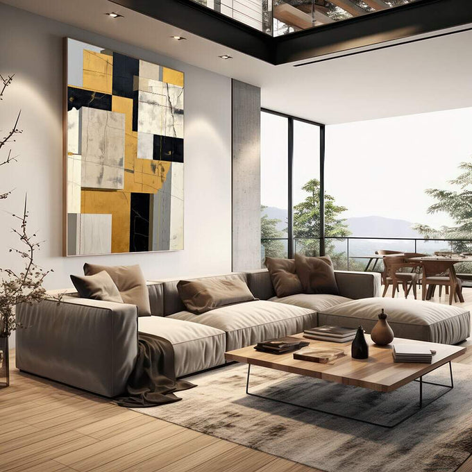 Quadro Decorativo Minimalista Dourado e Preto | quadros decorativos | Composição geométrica com blocos fragmentados em dourado, preto e bege com moldura dourada | em Quadros para Escritorio | Porao dos Quadros
