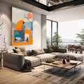 Quadro Decorativo Contemplação Geométrica | quadros decorativos | Mulher contemplativa em preto e branco com sobreposição de formas geométricas laranja e azul vibrantes. | em Quadros para Escritorio | Porao dos Quadros
