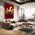 Quadro Decorativo Cavalos em Dourado | quadros decorativos | Três cavalos em tons dourados em composição dinâmica contra fundo vermelho intenso | em Quadros para Escritorio | Porao dos Quadros