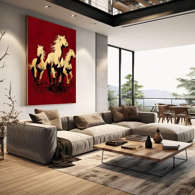 Quadro Decorativo Cavalos em Dourado | quadros decorativos | Três cavalos em tons dourados em composição dinâmica contra fundo vermelho intenso | em Quadros para Escritorio | Porao dos Quadros