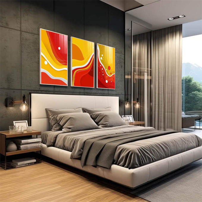 Quadro Decorativo Alegria em Três Painéis | quadros decorativos | Três telas com fluxo abstrato em vermelho, amarelo e branco em movimento dinâmico | em Quadros para Escritorio | Porao dos Quadros