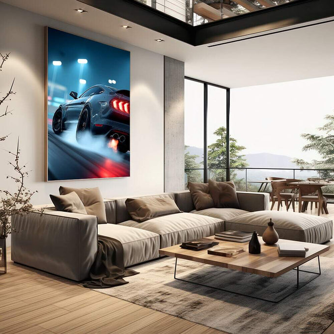 Quadro Decorativo Esportivo Avelanche de Emoções | quadros decorativos | Mustang esportivo vermelho em movimento noturno com faróis e fumaça dinâmica | em Quadros para Escritorio | Porao dos Quadros