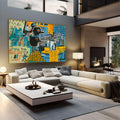 Aves pretas sobre pilha de moedas douradas em grafite azul e amarelo estilo Basquiat, quadro decorativo