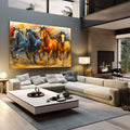 Cavalos em Movimento - Quadro Decorativo | quadros decorativos | Quatro cavalos em tons de ouro, laranja e azul galopando dinamicamente em composição realista com movimento. | em Quadros para Escritorio | Porao dos Quadros