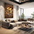 Quadro Decorativo Riqueza Dourada | quadros decorativos | Bitcoin dourado com barras de ouro e diamantes em composição luxuosa iluminada | em Quadros para Escritorio | Porao dos Quadros