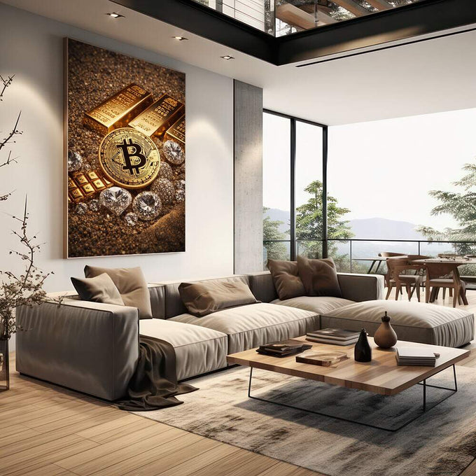 Quadro Decorativo Riqueza Dourada | quadros decorativos | Bitcoin dourado com barras de ouro e diamantes em composição luxuosa iluminada | em Quadros para Escritorio | Porao dos Quadros